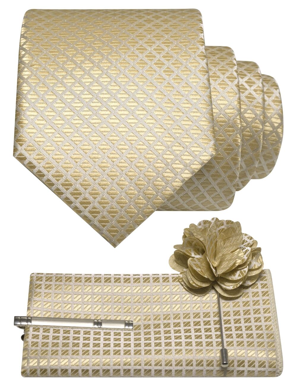 8673 Plaid Champagne Tie and Lapel Pin Necktie Pocket Square and Tie Clip